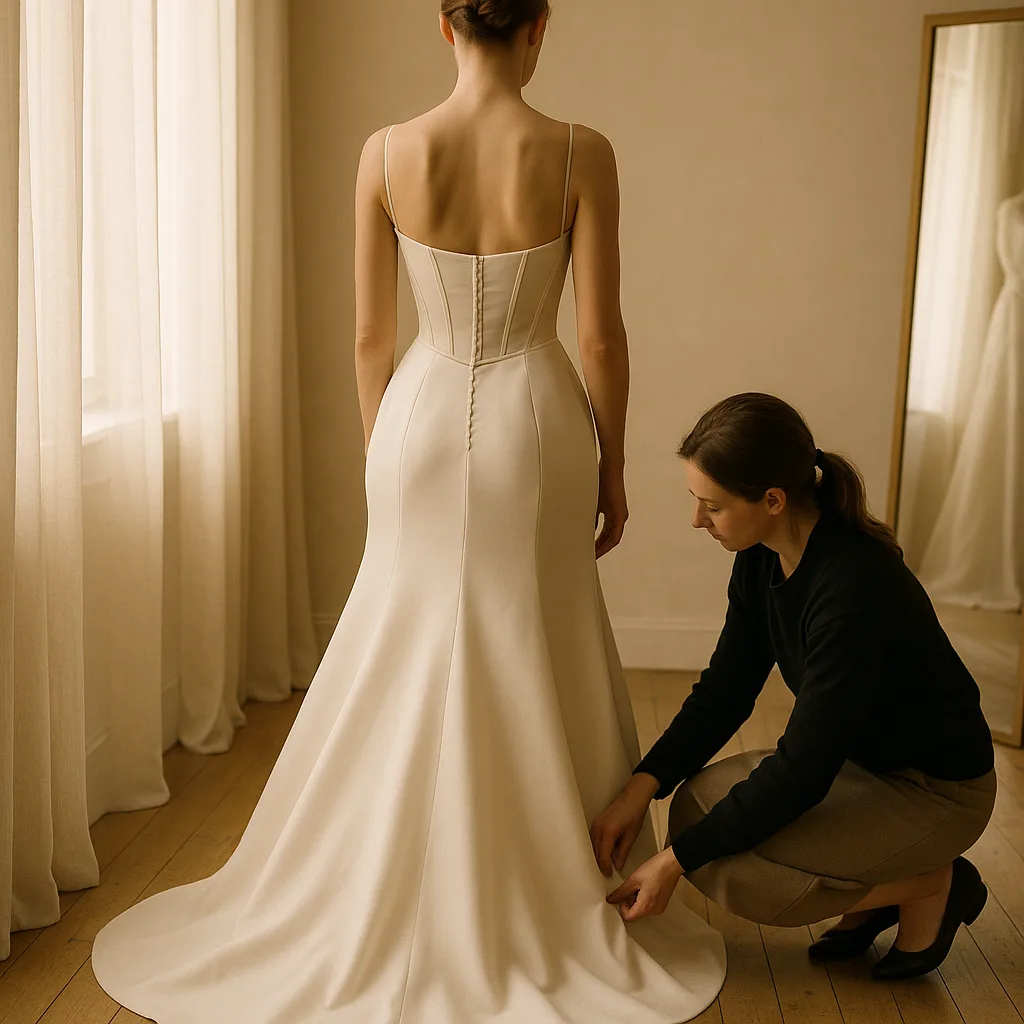 A bride in a fitted ivory gown with corset bodice in a soft-lit bridal atelier, viewed from behind